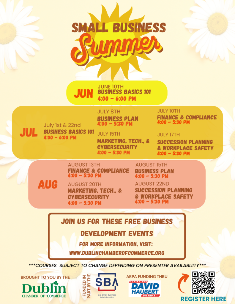 Flyer of Dates for Small Business Summer brought to you by the Dublin Chamber of Commerce. Funded in part by the Small Business Administration and ARPA funds thru Supervisor David Haubert.